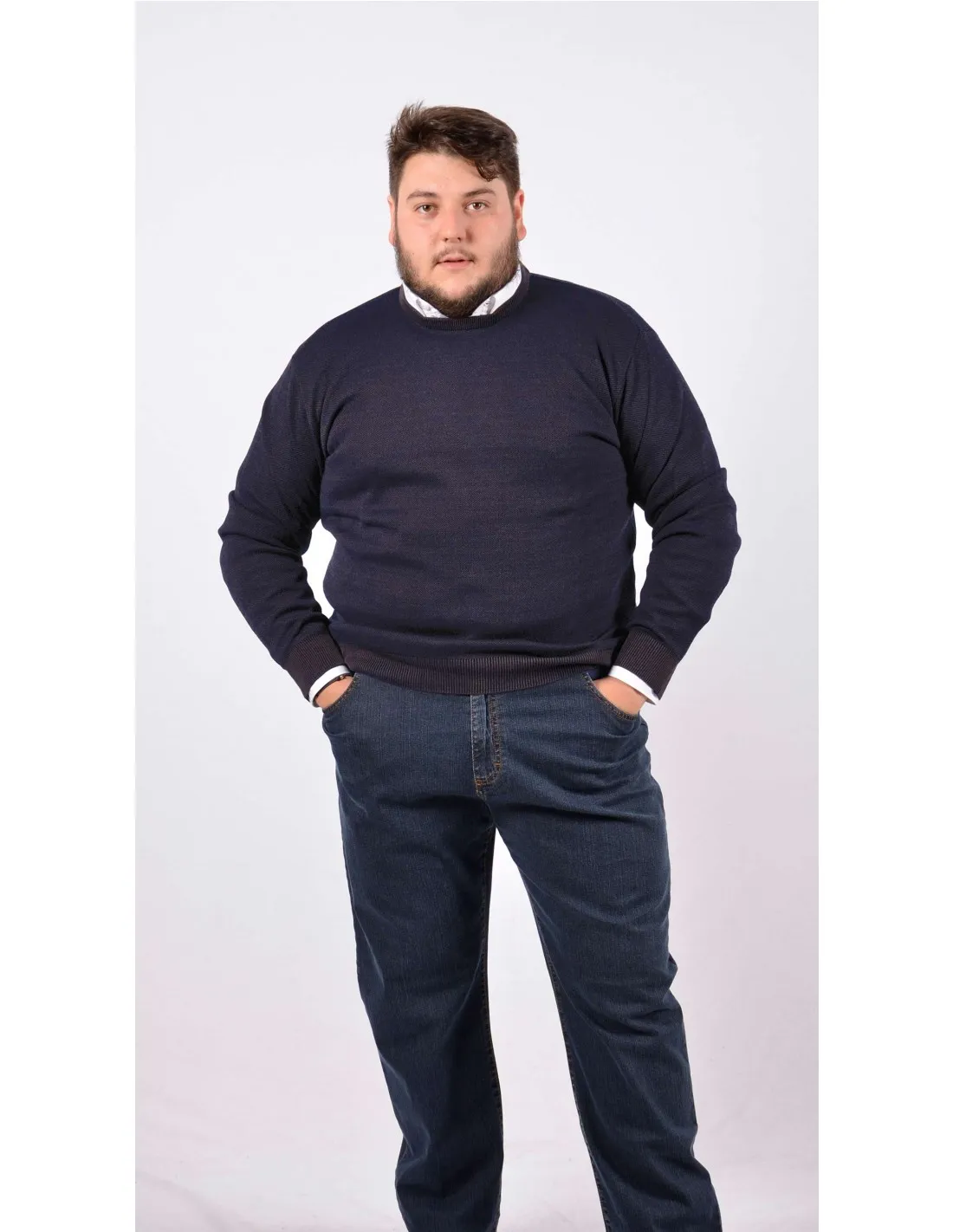 Plus Size Blue Cotton Crew Neck Long Sleeve T-shirt