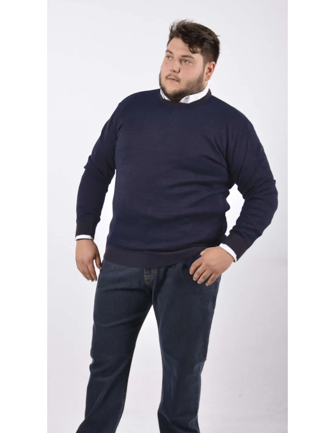 Plus Size Blue Cotton Crew Neck Long Sleeve T-shirt